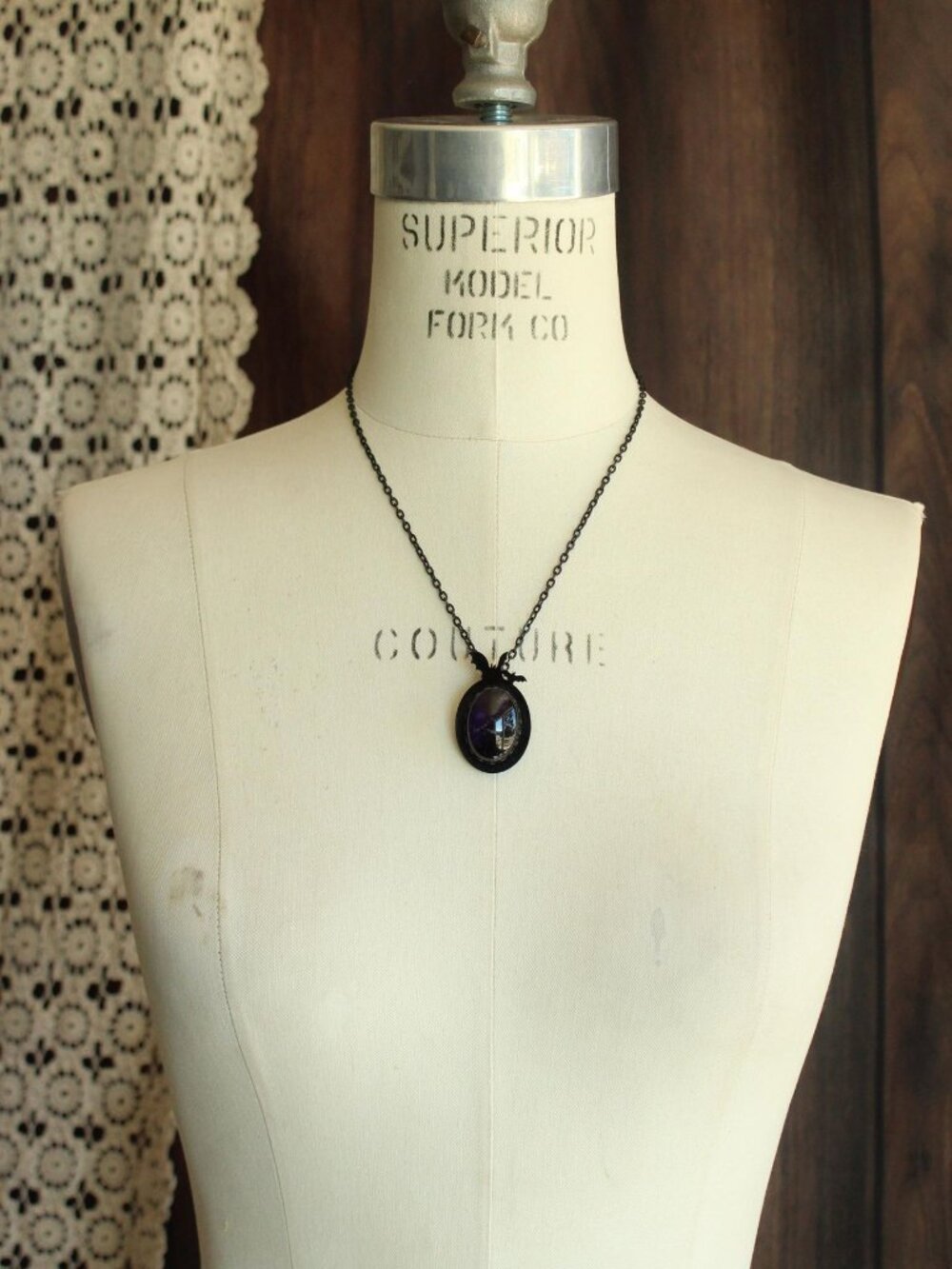 Gothic Bat Cameo Necklace with Purple Amethyst Cabochon on Black Chain - Picture 2 of 12